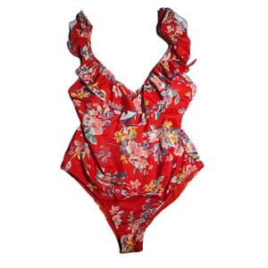 Jessica Simpson Chantilly Lace Frill Shoulder Red Floral One Piece Swimsuit Sz L